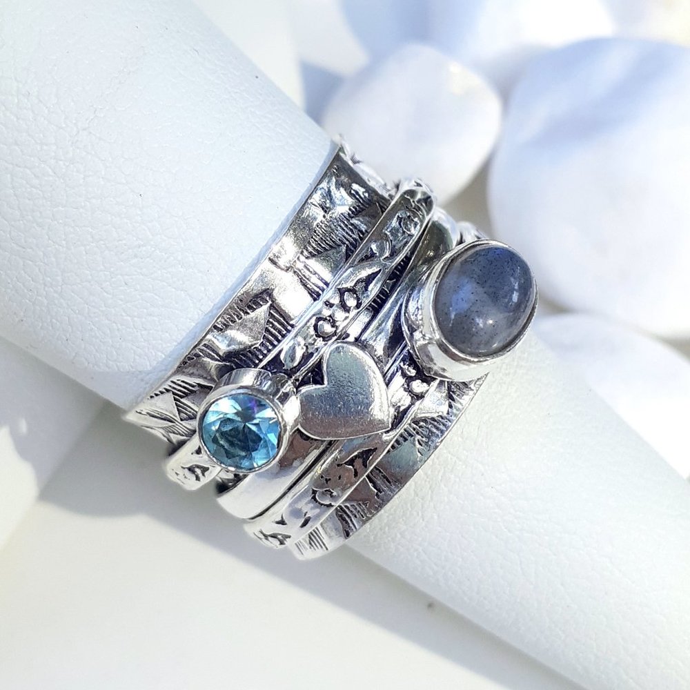 925 Sterling Moonstone & Sapphire Spinner Ring - Picture 7 of 11
